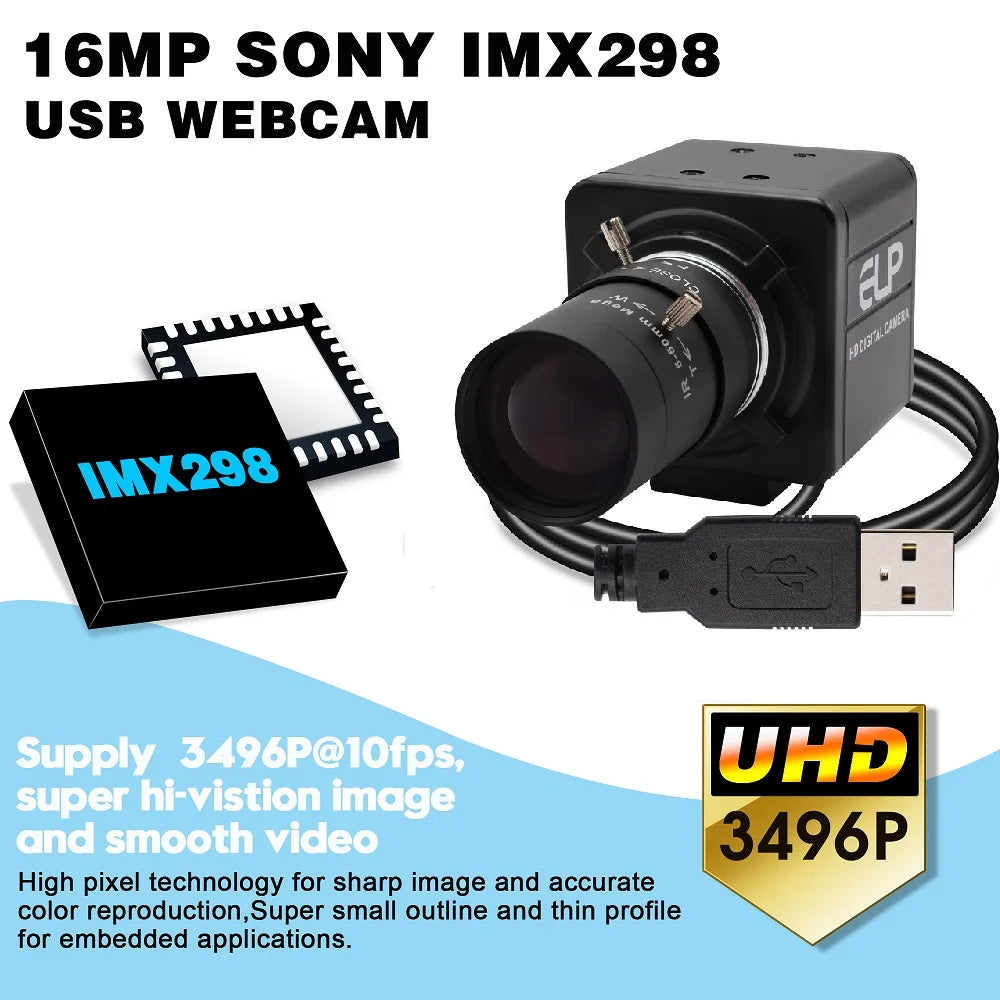 16MP 4K USB Webcam with 10X Zoom Industrial Camera