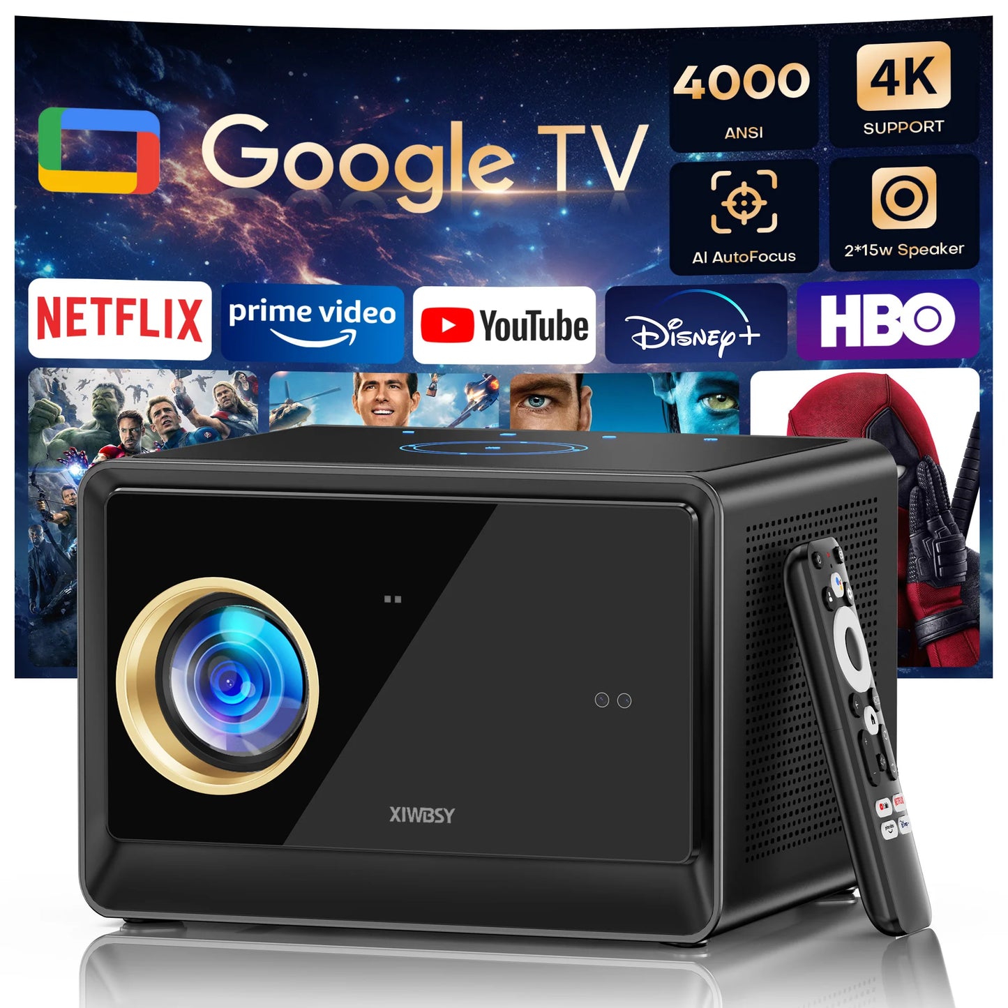 Portable 4K Smart Projector 52000 Lumens Wi-Fi 6