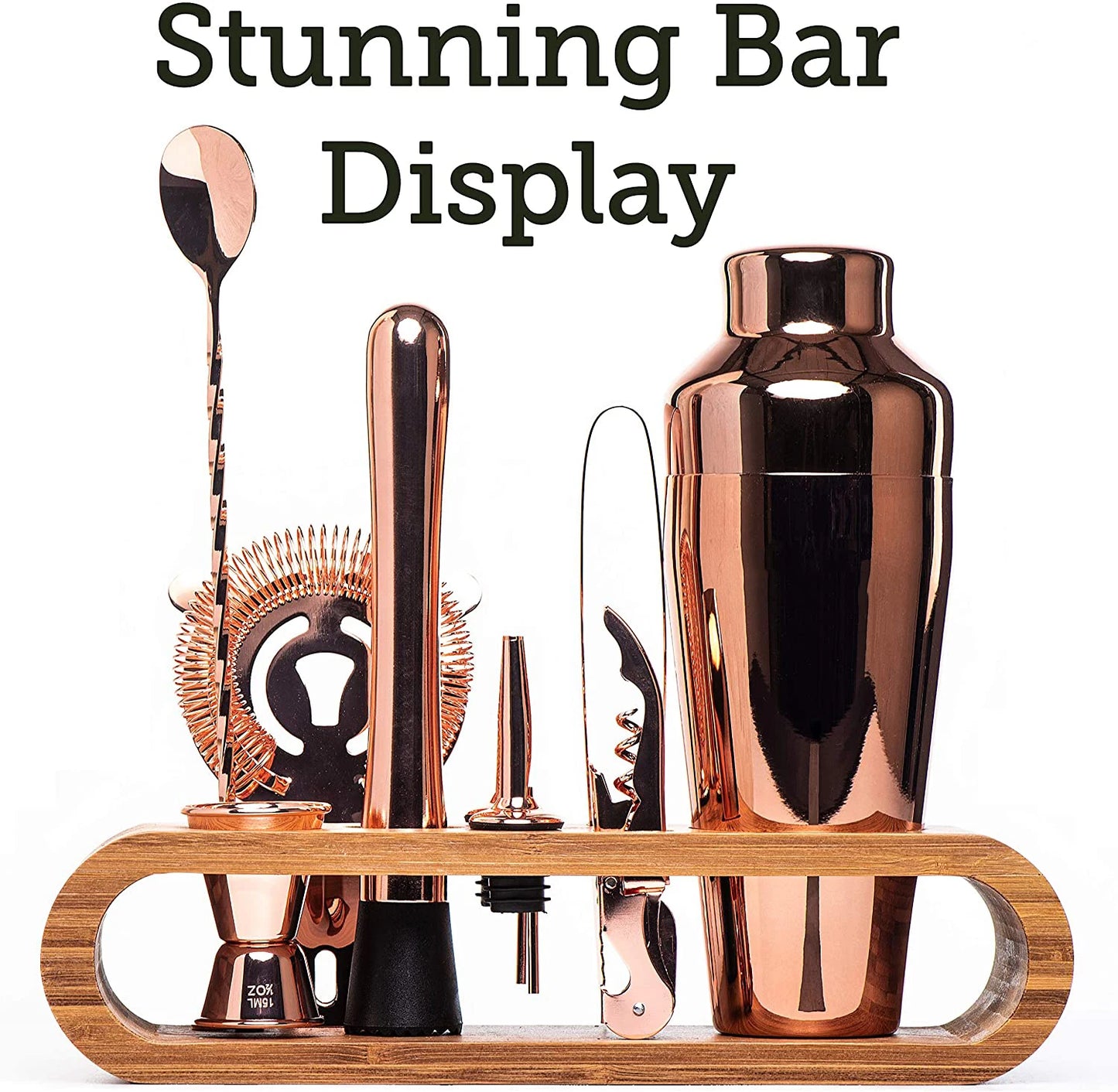 Copper Cocktail Bar Tool Set with Bamboo Stand