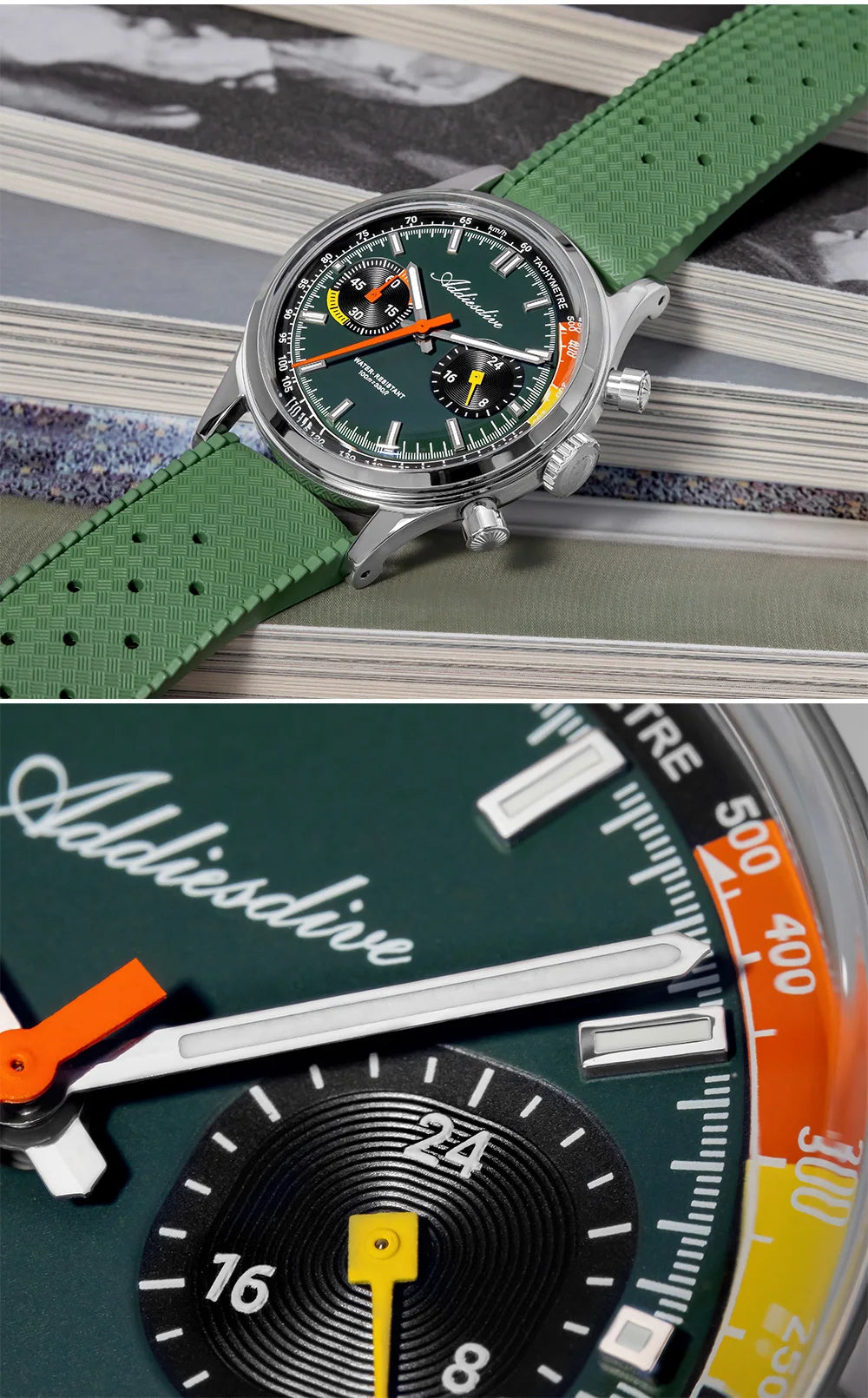 38mm Chronograph Quartz Watch 100m Waterproof Luminous Green