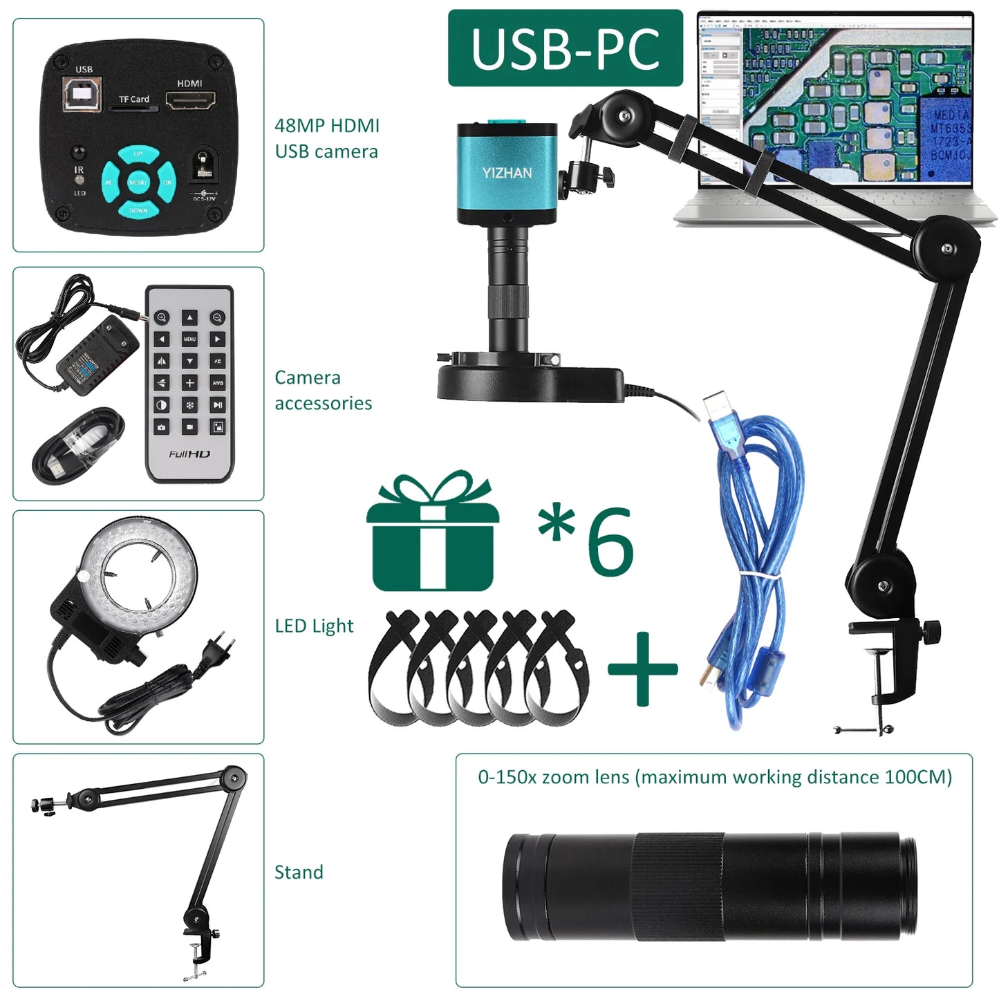 48MP 4K HDMI USB Microscope with Precision Lens 150X