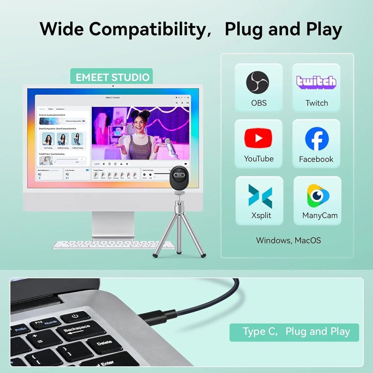 USB 4K Webcam Piko Green with Built-in Microphones