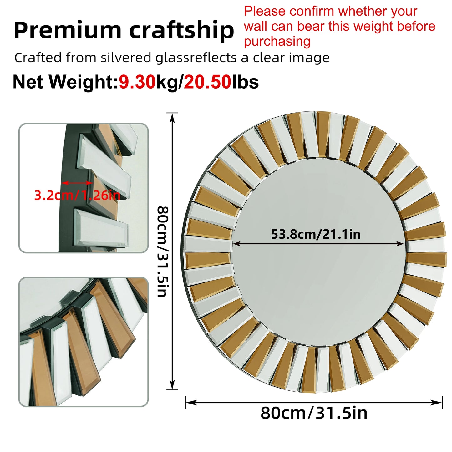 Round Sunburst Accent Wall Mirror 80cm Gold Frame