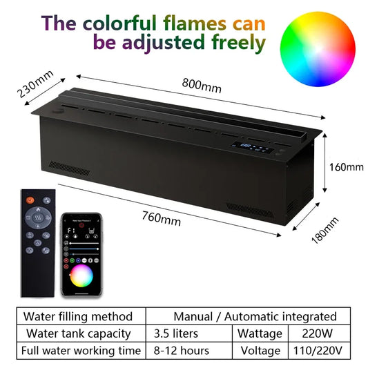 800mm 3D Atomizing Fireplace with Multi-Color Flames