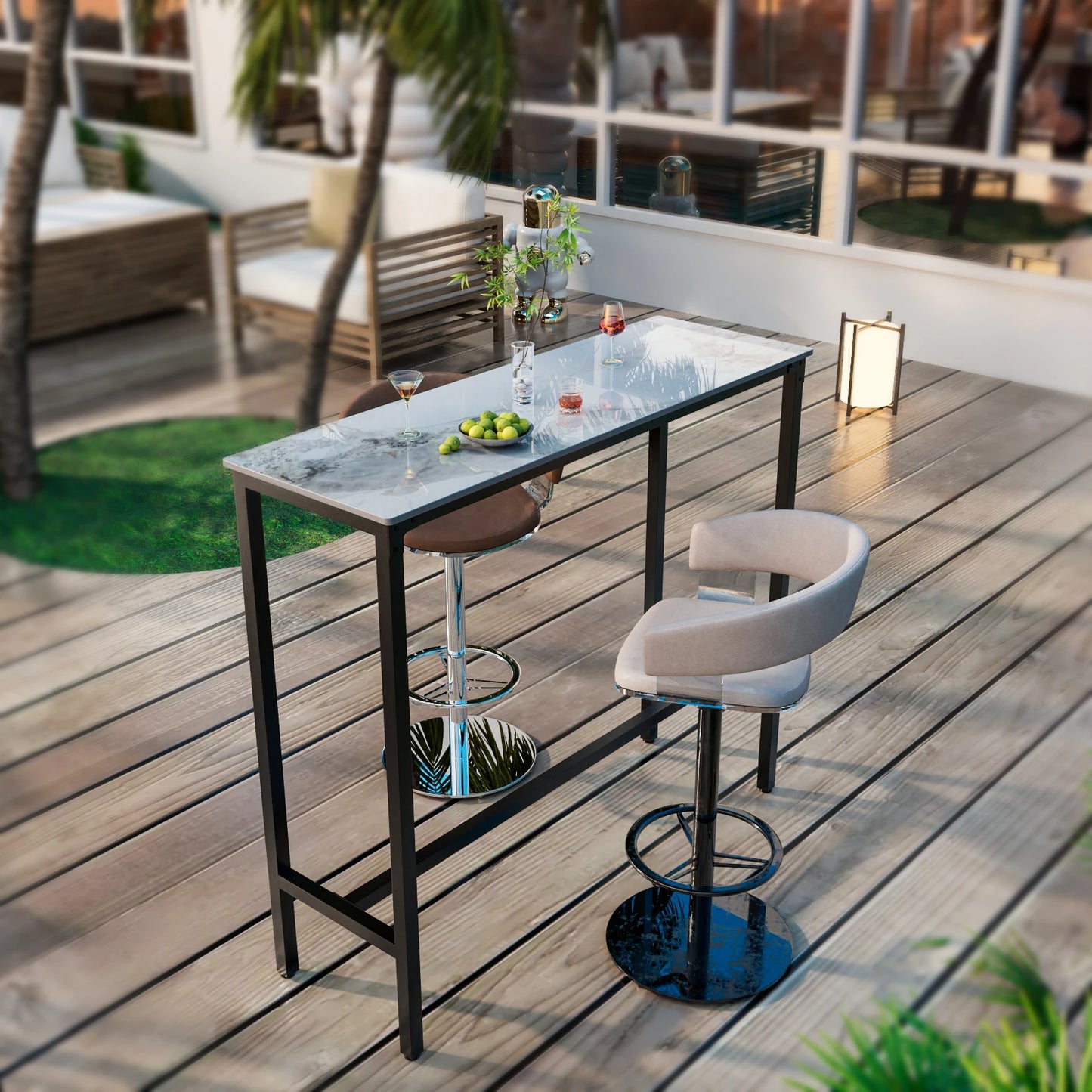 White Sintered Stone Bar Table with Black Metal Frame