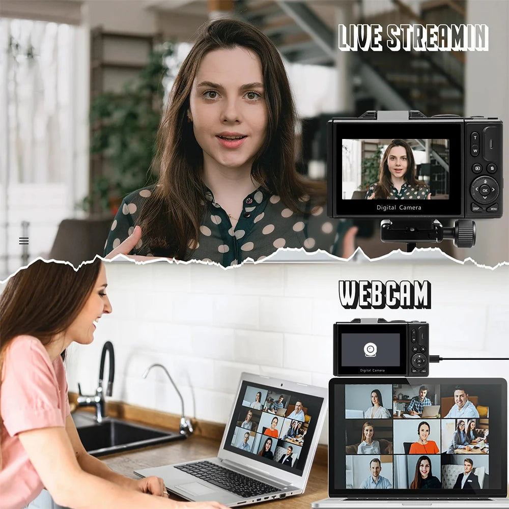 Portable 64MP 4K Vlogging Camera with Flash and 3" Flip Display