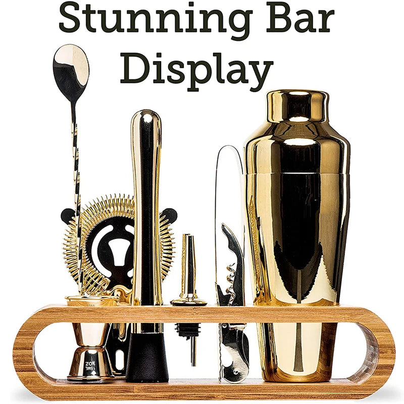 10 Piece Gold Cocktail Shaker Set with Bamboo Stand