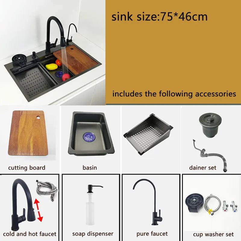 75x46cm Sink with Waterfall Tap and Left Drain