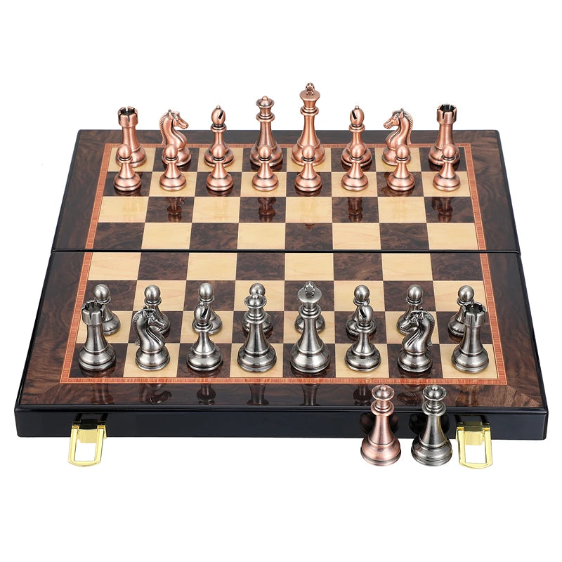 15-Inch Luxury Metal Chess Set with Folding Board