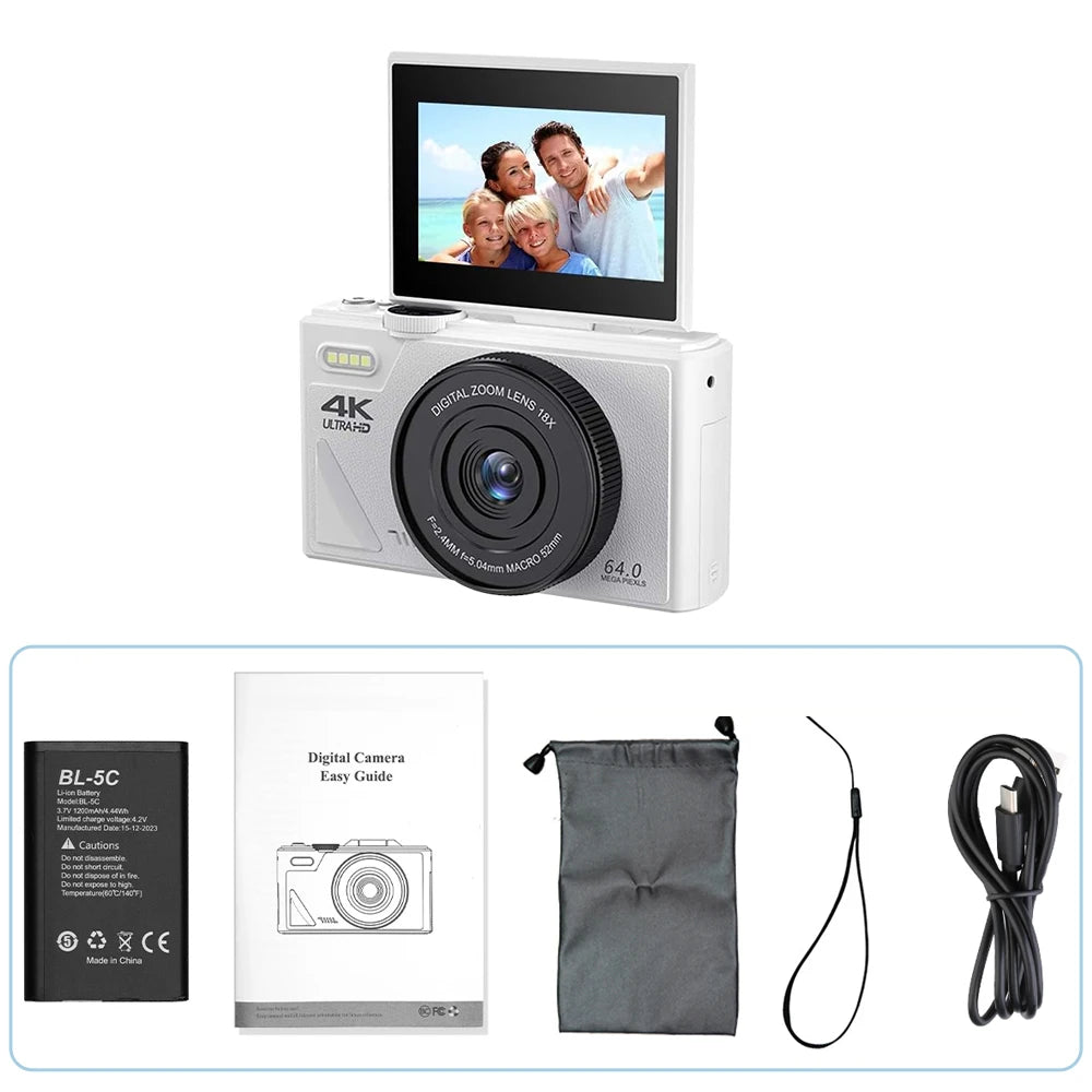 White 4K Camera Rotatable Screen with 128GB Memory