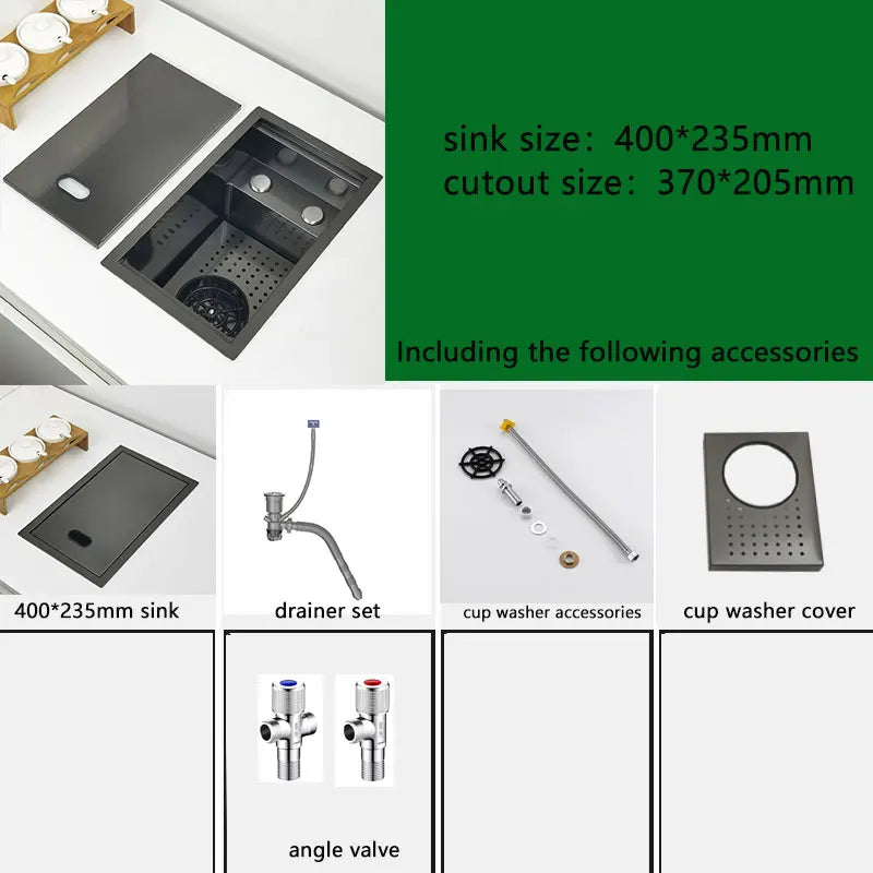 Compact Matte Black Bar Sink with Cup Washer