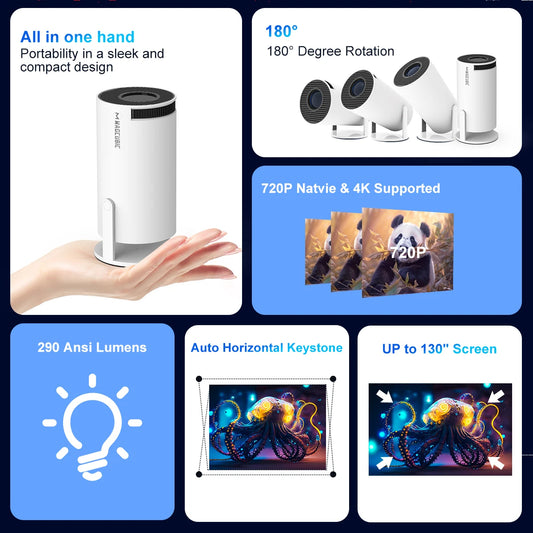Portable 4K Projector Android 11 WiFi6 Home Cinema White