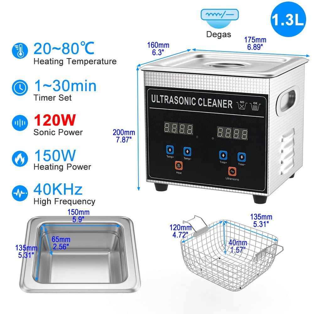 120W 1.3L Ultrasonic Cleaning Machine with Timer