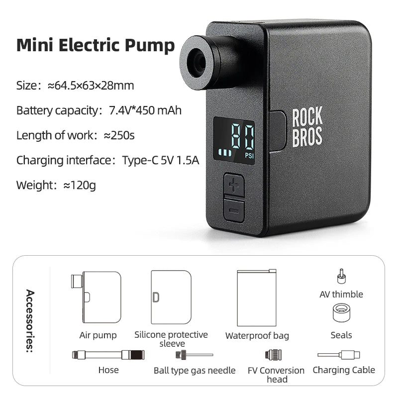 Portable Mini Electric Bike Pump 120PSI with Type C Charging