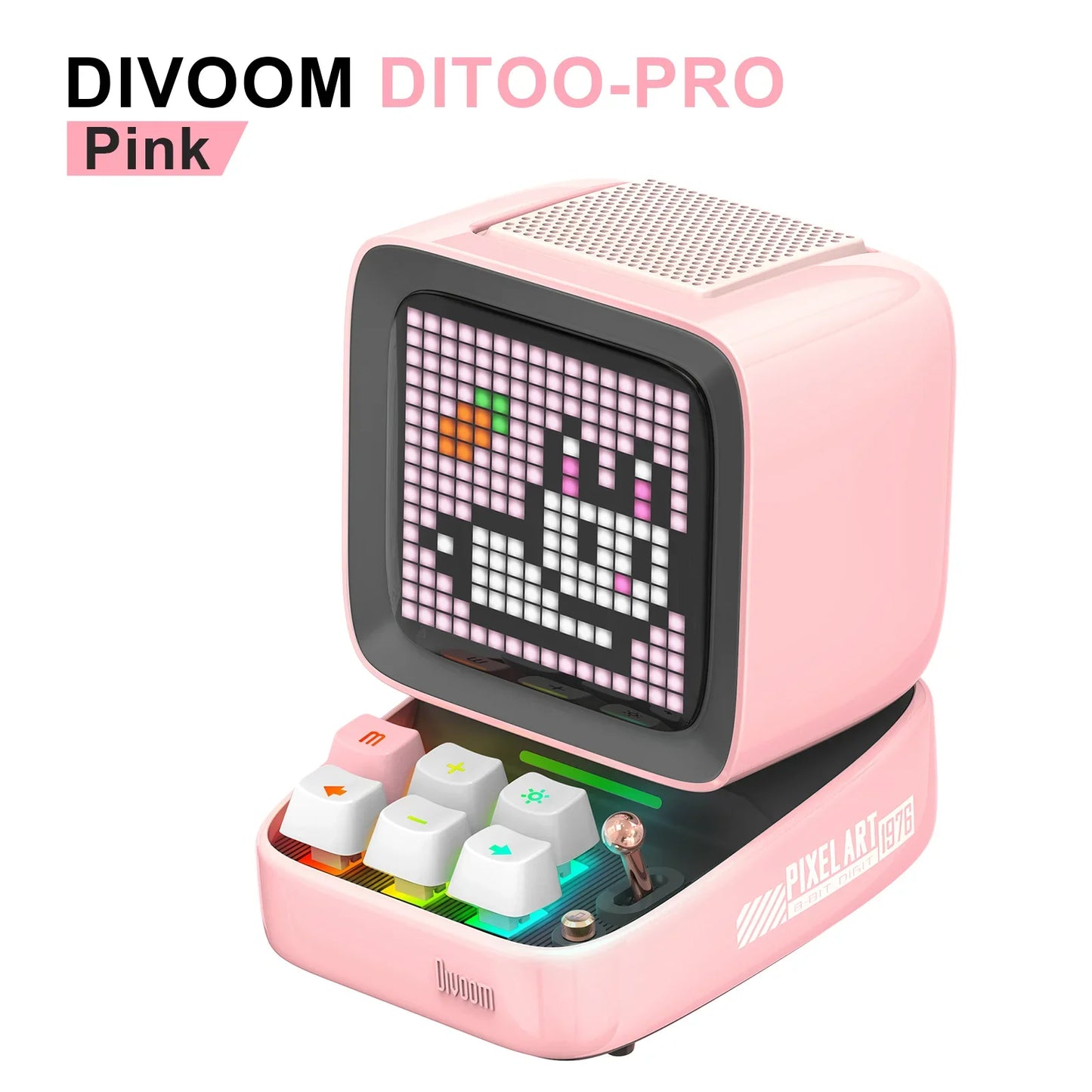 Pink Retro Pixel Art Bluetooth Speaker with LED Display Clock