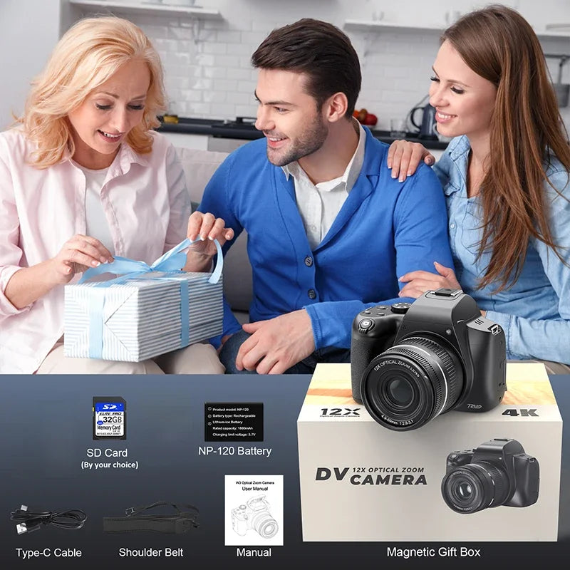 Portable 72MP Camera 4K Flip Display 64GB Card