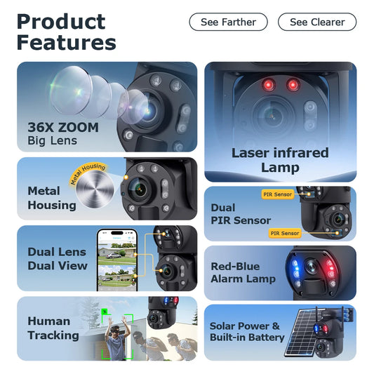 Outdoor WiFi CCTV Camera 36X Zoom Solar 128TF
