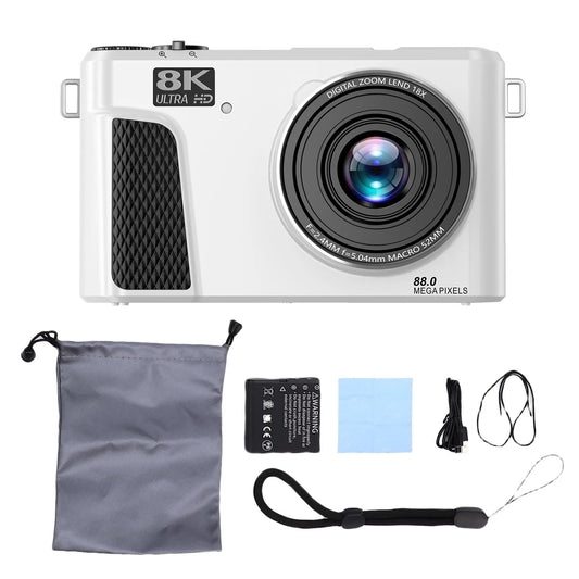 8K 88MP WiFi Digital Camera White 18x Zoom Flip Screen
