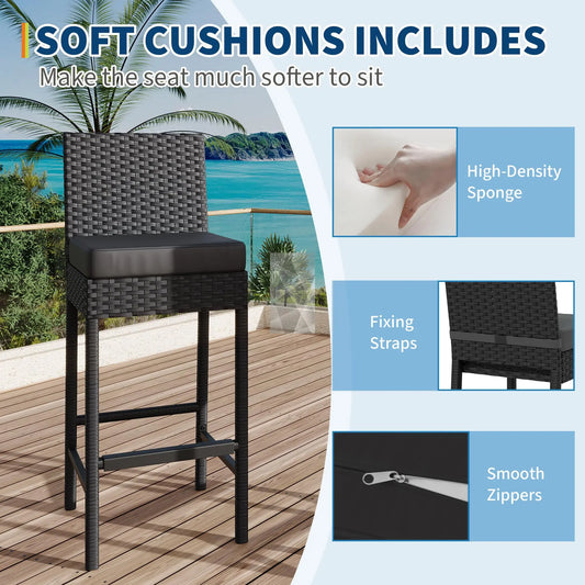 Patio Rattan Bar Height Stools with Cushions Beige