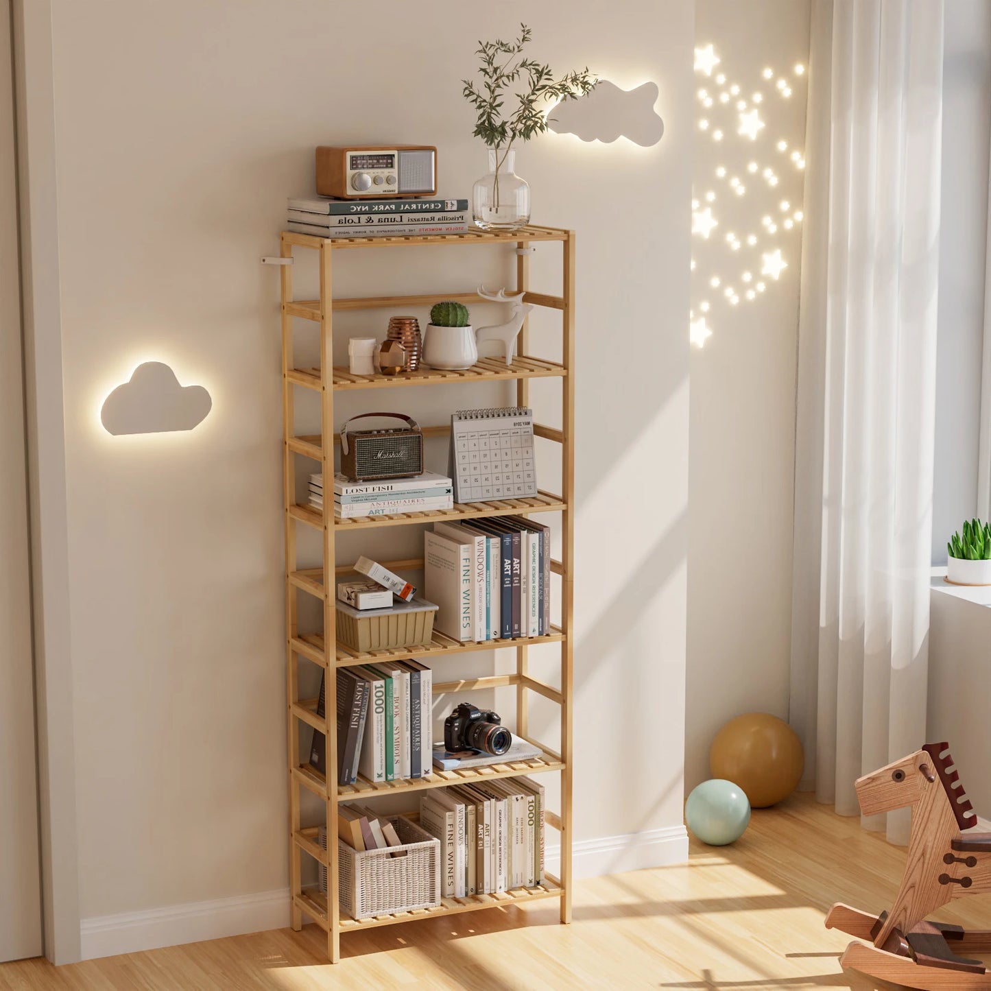 Slim Freestanding Bamboo Bookcase with Adjustable Shelves