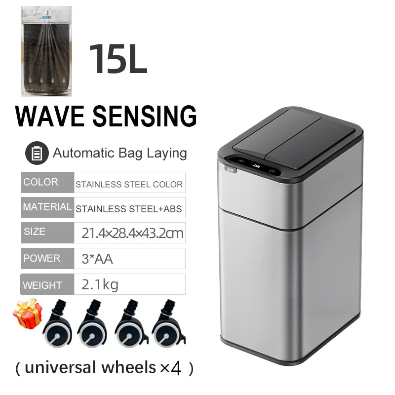 Silver 15L Stainless Steel Touchless Kitchen Bin with Motion Sensor