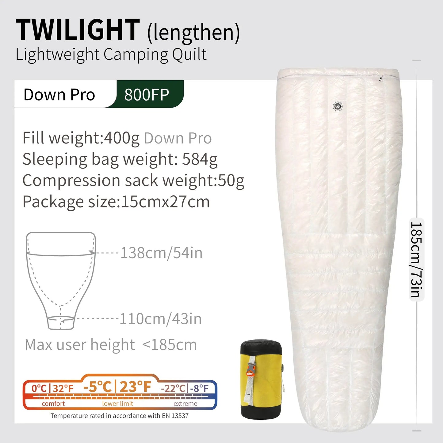 Compact -5C Hiking Quilt Sleeping Bag Twilight White Large