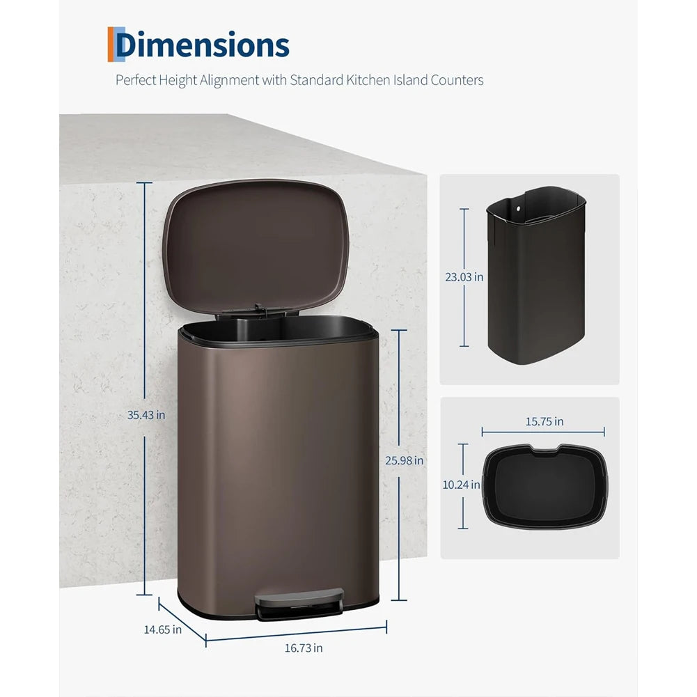 Large 50L Step Pedal Kitchen Trash Bin Brown