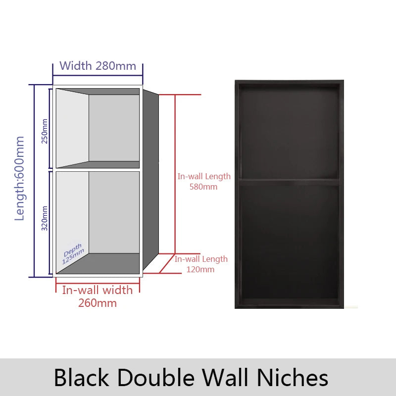 Recessed Wall Shelf Black 2 Tier Bathroom Storage