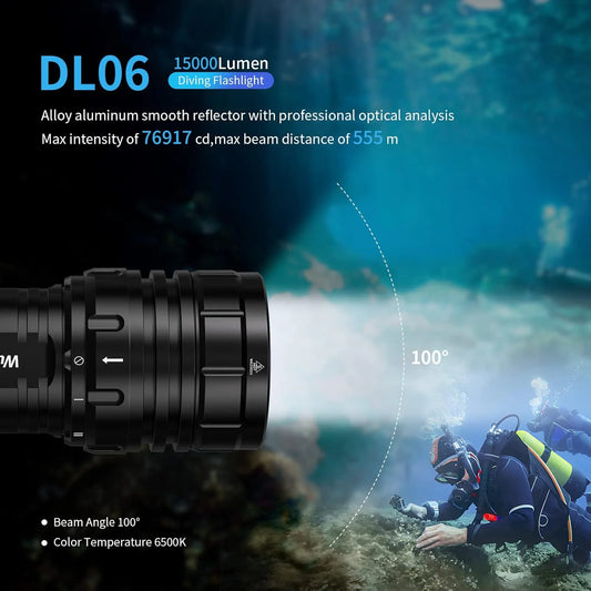 Professional Underwater Dive Torch 15000 Lumen Rechargeable 5000K