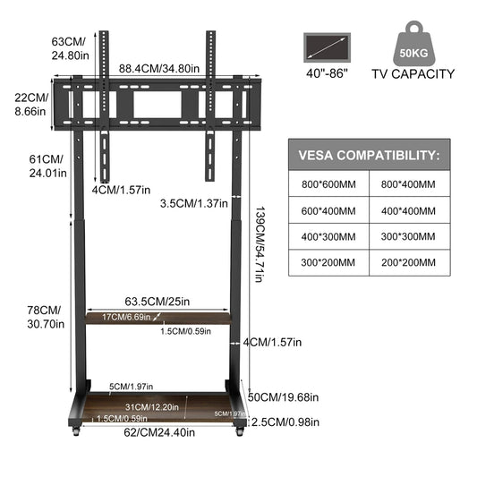 Portable Rolling TV Stand with Shelves 40–100 Inch