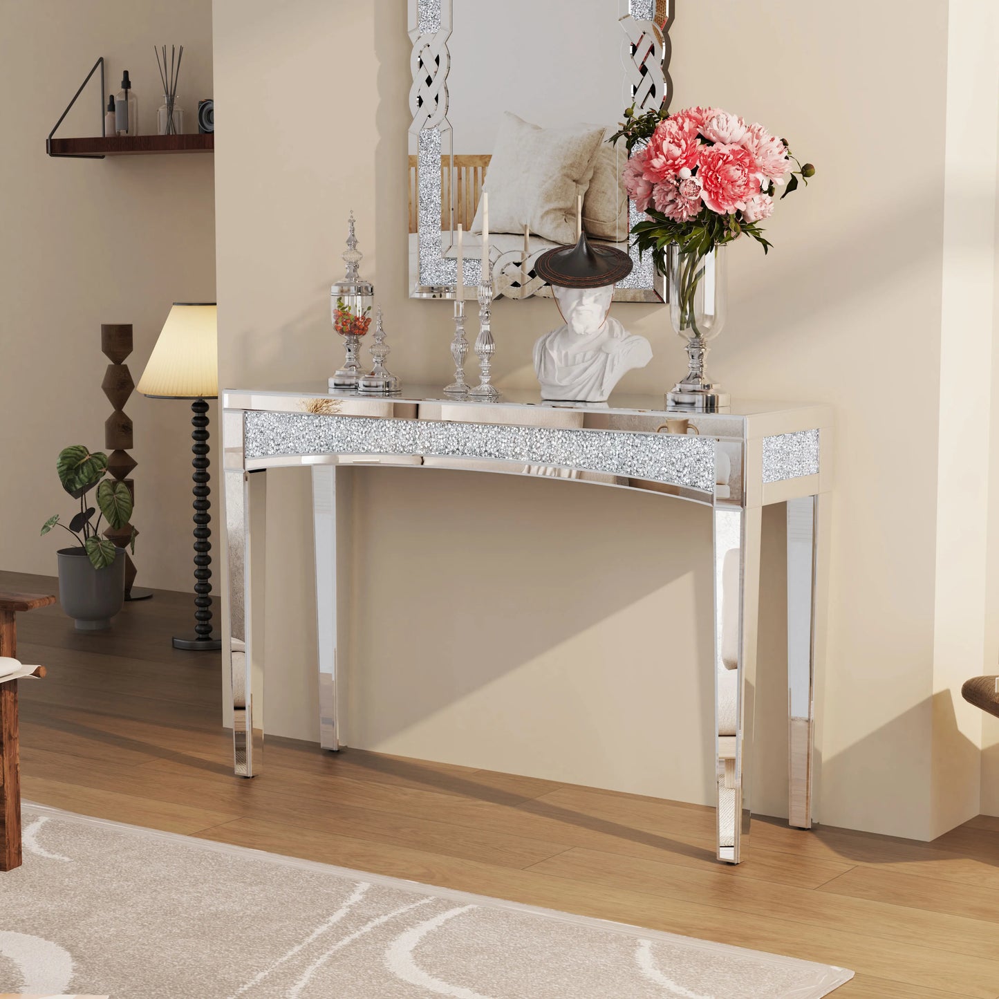 Mirrored Silver Console Sofa Table for Entryway Living Room