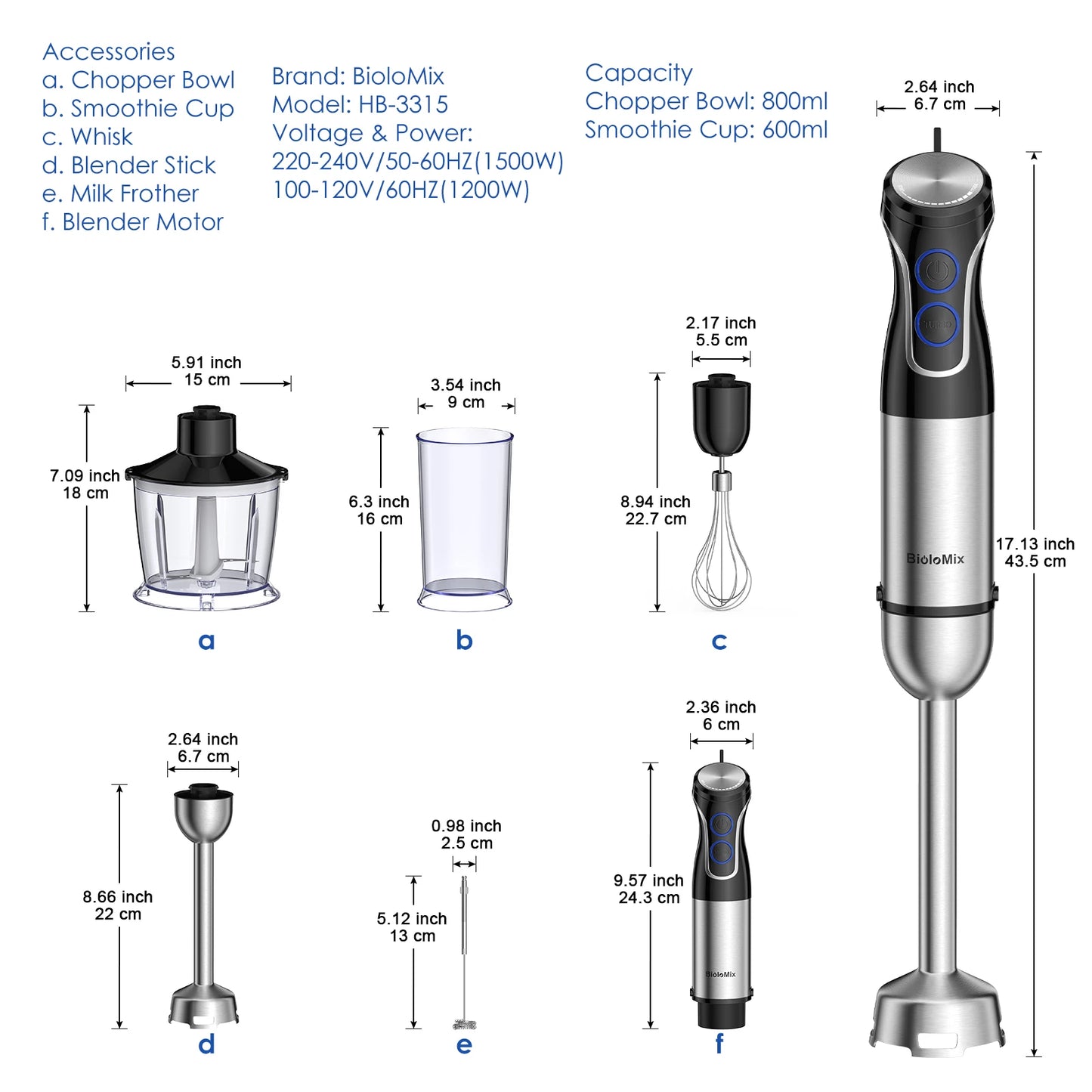 Portable 1500W Hand Blender with Food Processor & Smoothie Maker