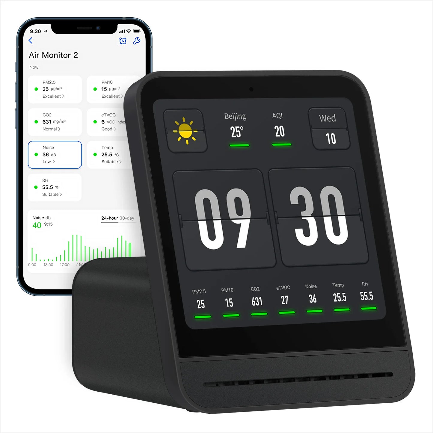 Portable 7-Sensor Air Monitor Black with Alarm