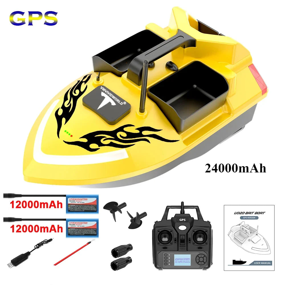 V020 Yellow RC Bait Boat 24000mAh Long Battery Life