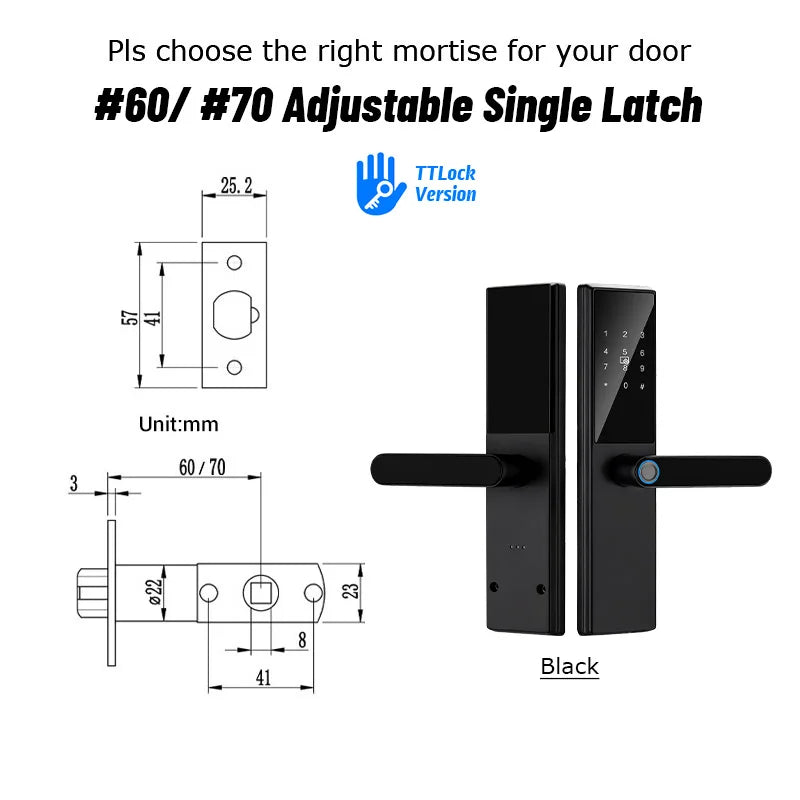 Bluetooth Smart Door Lock with Adjustable Latch 60–70mm