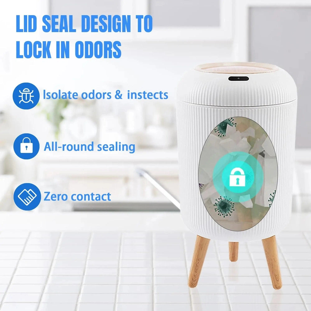 Trash Can - Automatic Motion Sensor, Small Plastic Smart Waste Bin with Lid for Bedroom, Bathroom, Kitchen, Office (White, With Feet)