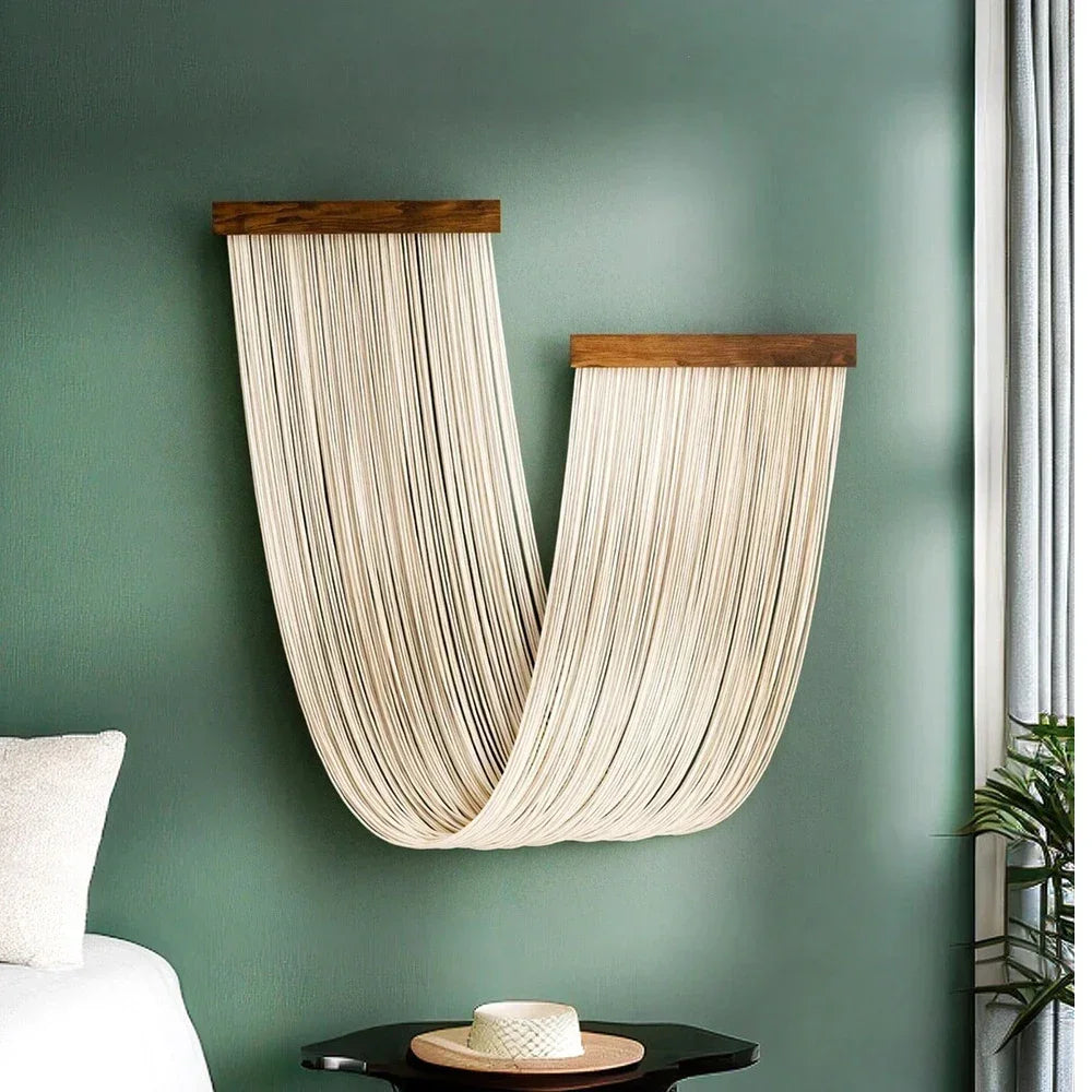 Beige Boho Tassel Wall Tapestry Hand Woven Curtain Decor