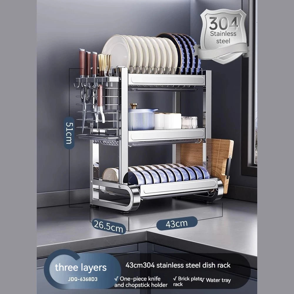 Heavy Duty 3 Layer Dish Drainer with Cutlery Organizer