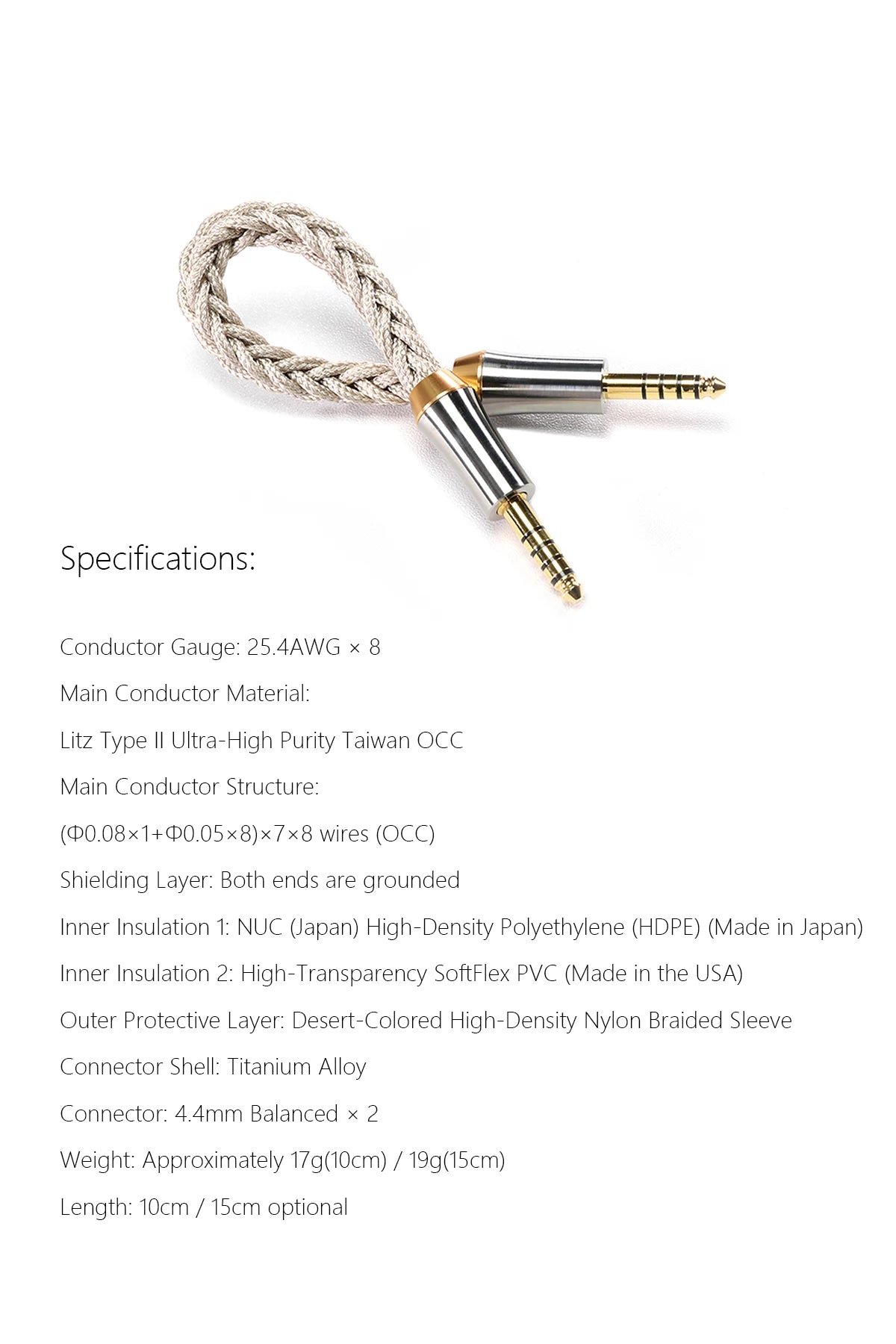 4.4mm Balanced Audio Cable High Fidelity Shielded 15cm