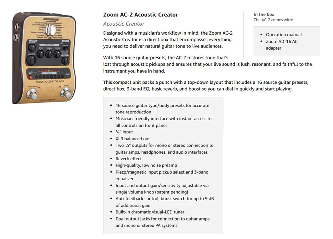 Acoustic Creator AC-2 DI with Anti-Feedback & Tuner