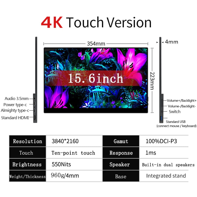 15.6 Inch 4K OLED Touch Portable Gaming Monitor USB-C HDMI