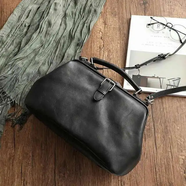 Black Leather Vintage Doctor Bag Spacious Women's Shoulder Purse