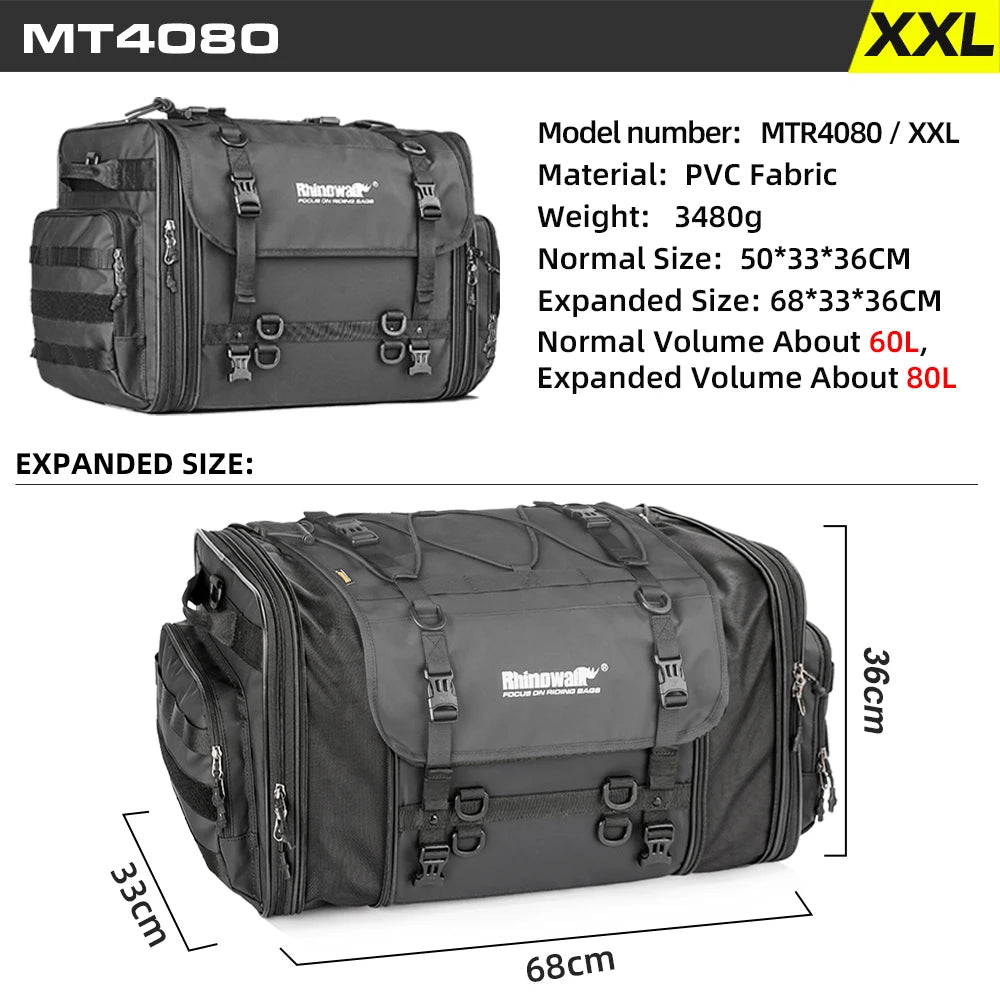 Heavy Duty 60–80L Expandable Motorcycle Tail Bag