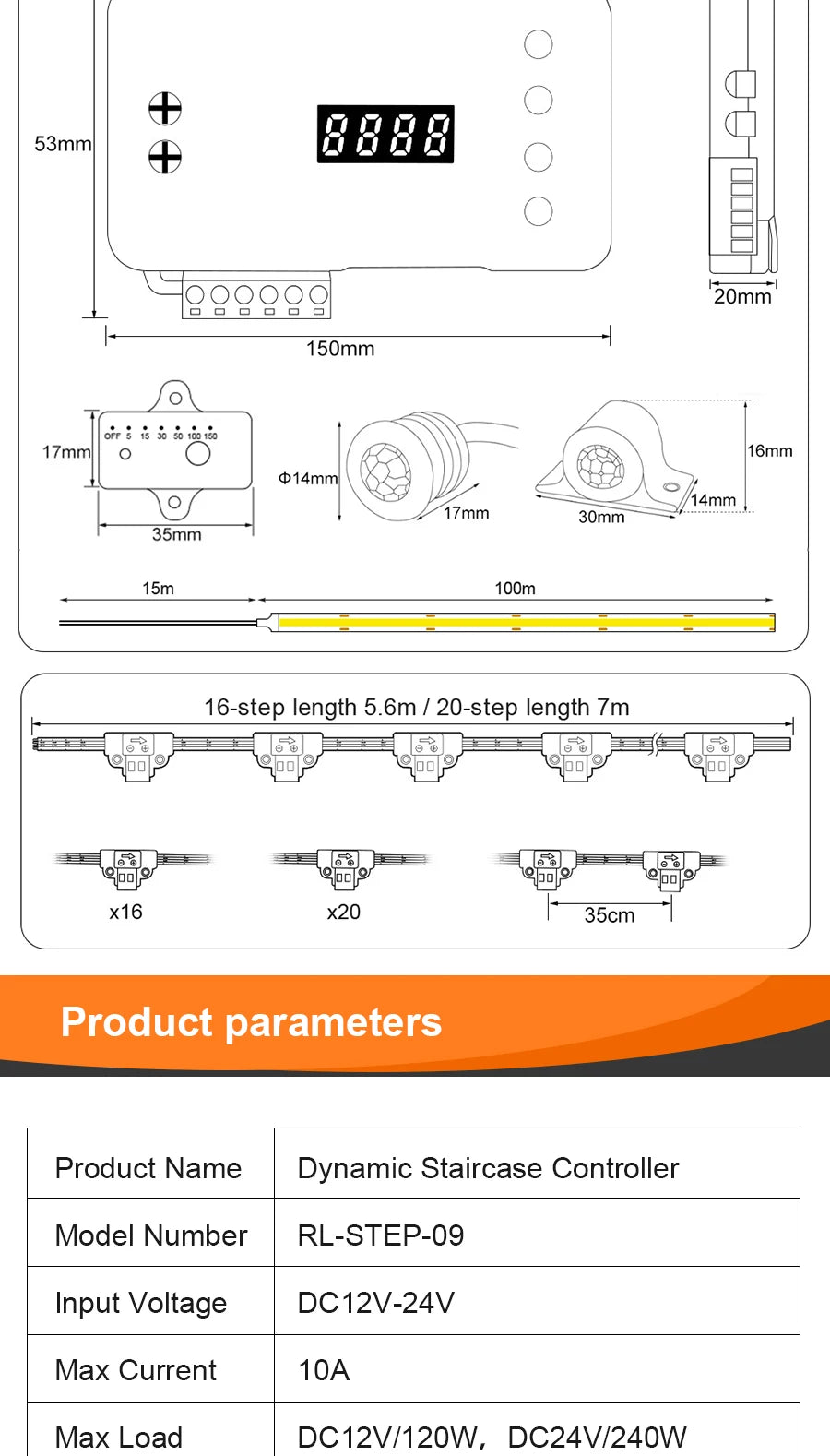 12-Step LED Stair Lighting with Motion and Daylight Sensor