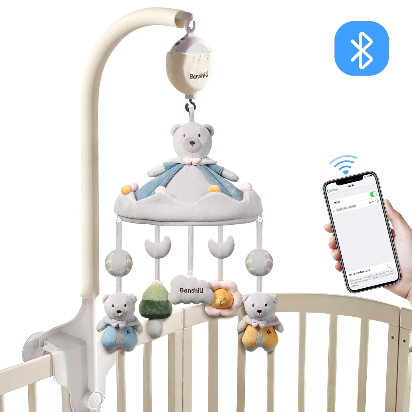 Bluetooth Baby Mobile with Music and Lights for Crib