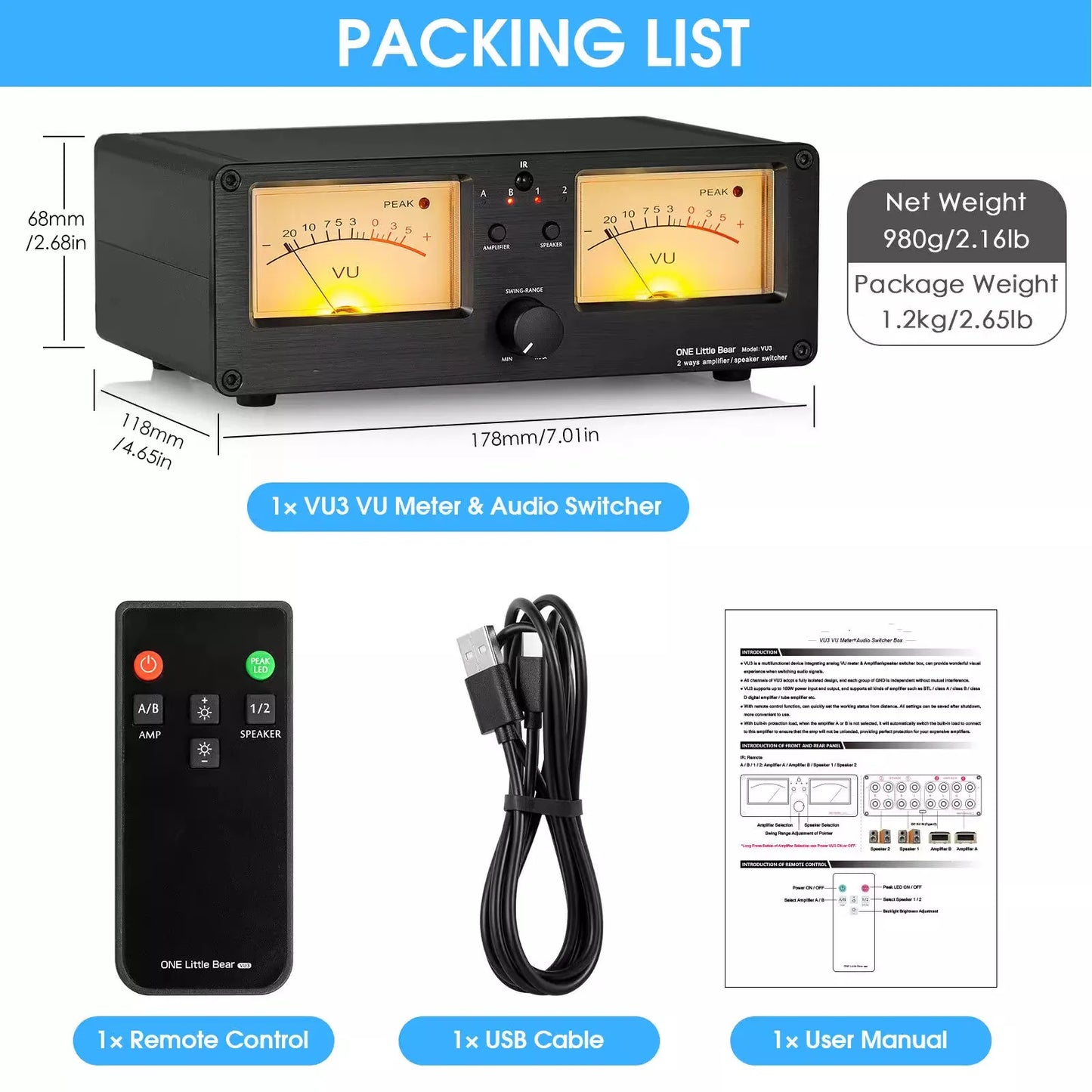 2 Way Audio Selector with VU Meter Display and Remote Control