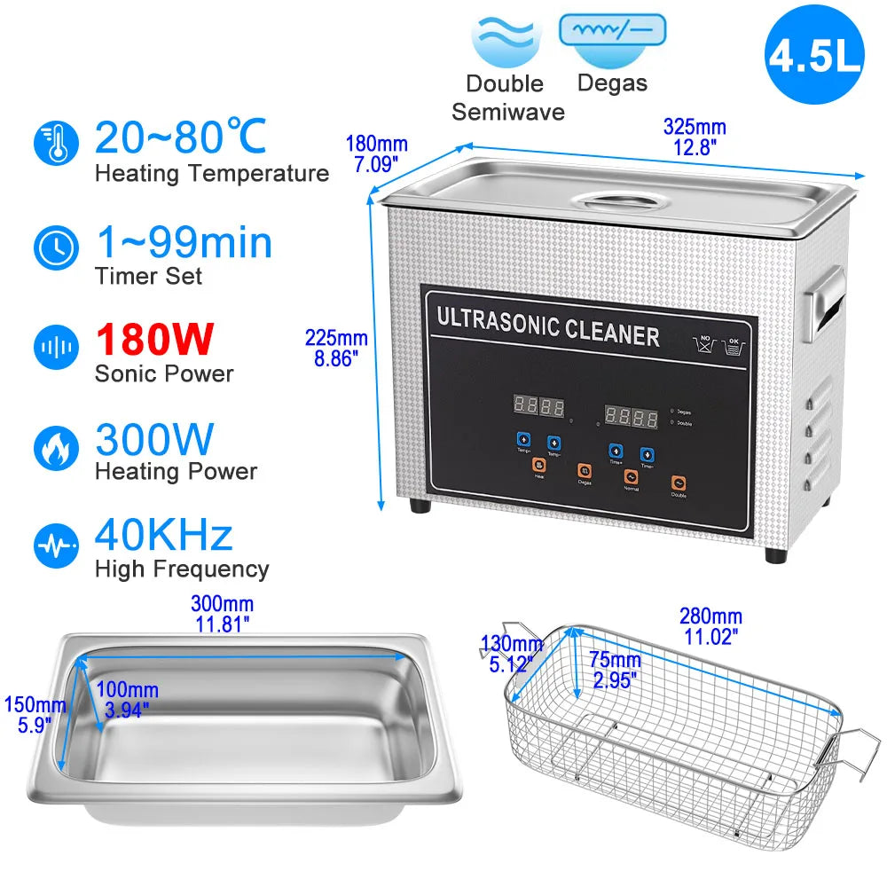 Professional 4.5L Heated Ultrasonic Cleaning Machine 180W