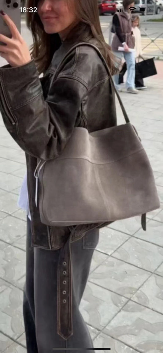 Grey Suede Leather Women’s Tote Shoulder Bag