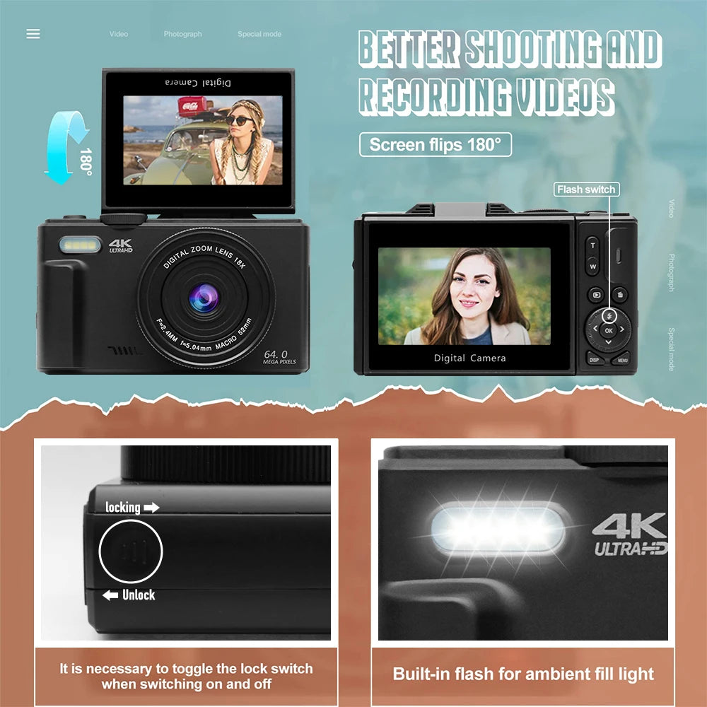 Portable 64MP 4K Vlogging Camera with Flash and 3" Flip Display