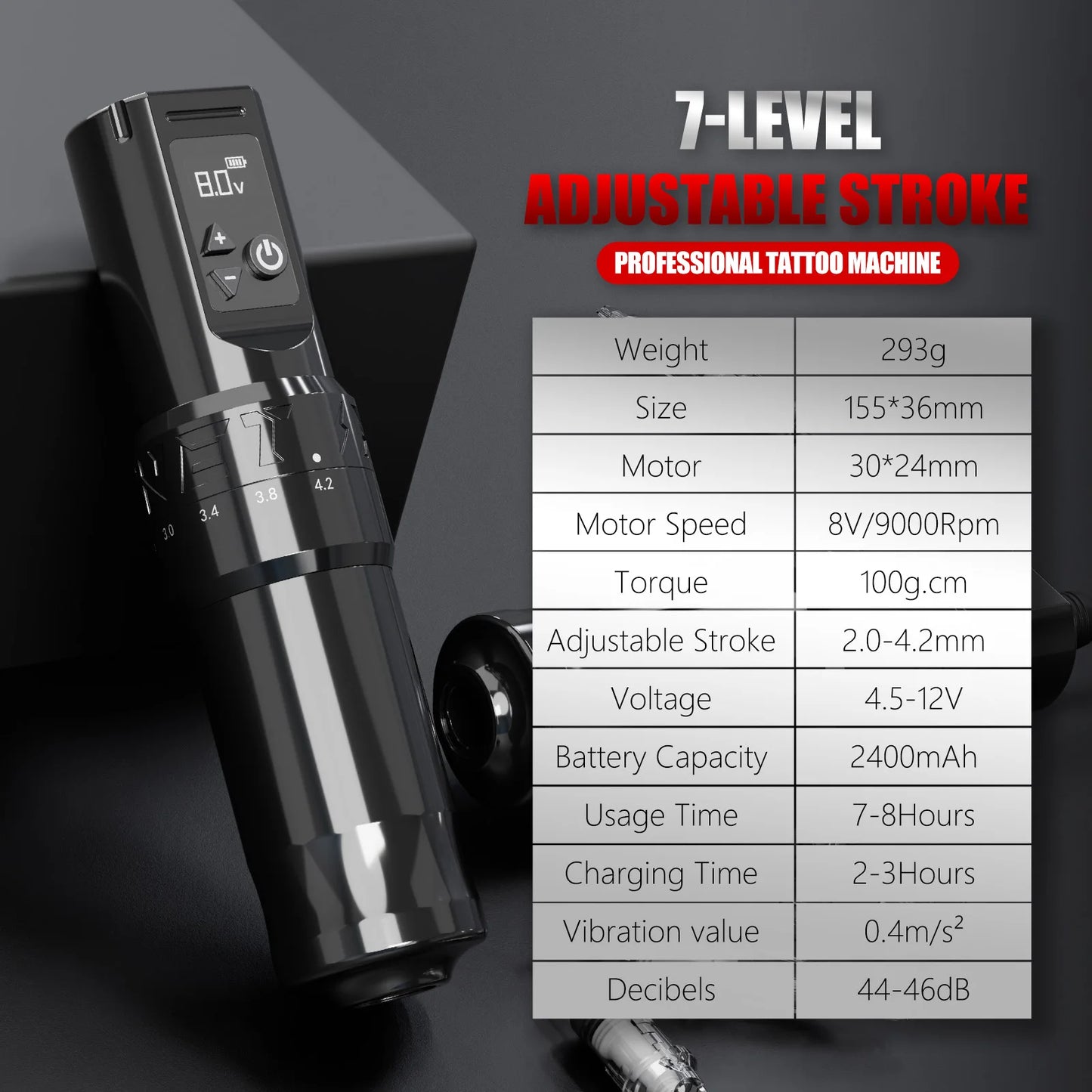 Wireless Tattoo Pen LCD Battery Adjustable 7 Stroke